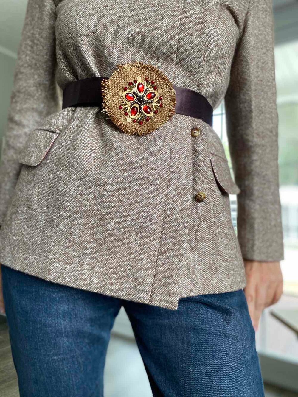 Vintage Liz Claiborne Women's Belt Satin fabric felt buckle canvas bronze Stones